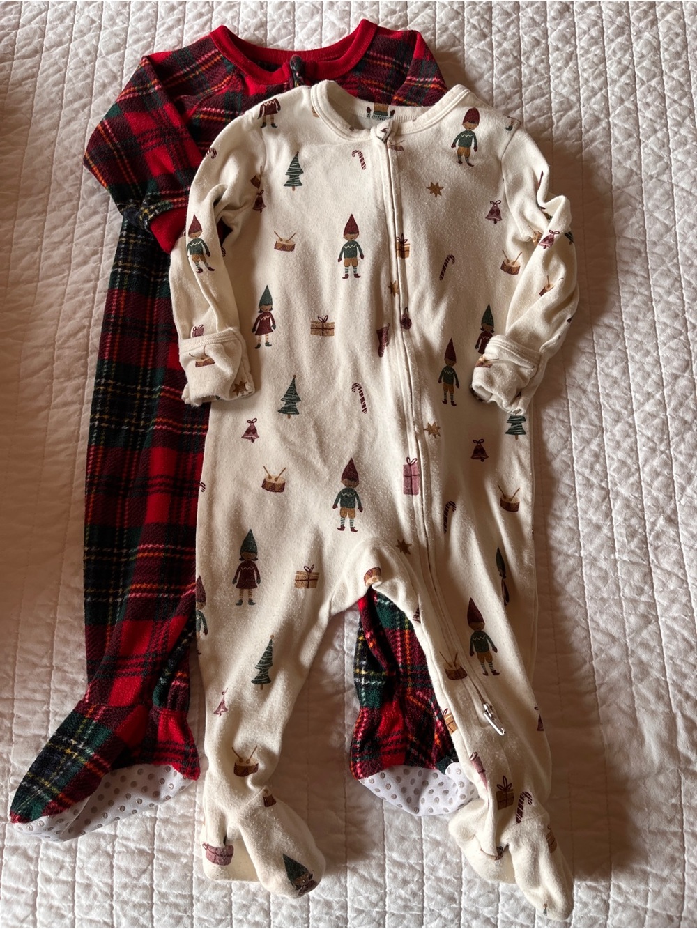 Cream Holiday Elf Print and Plaid Print One-Piece Pajamas 9m